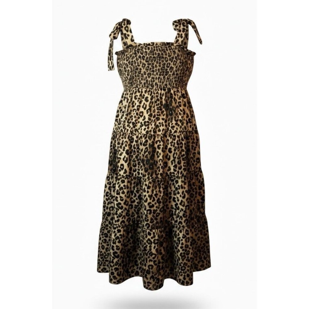 Oddi Tiered Adjustable Straps Ruched Leopard Animal Print Maxi Dress Size 2XL